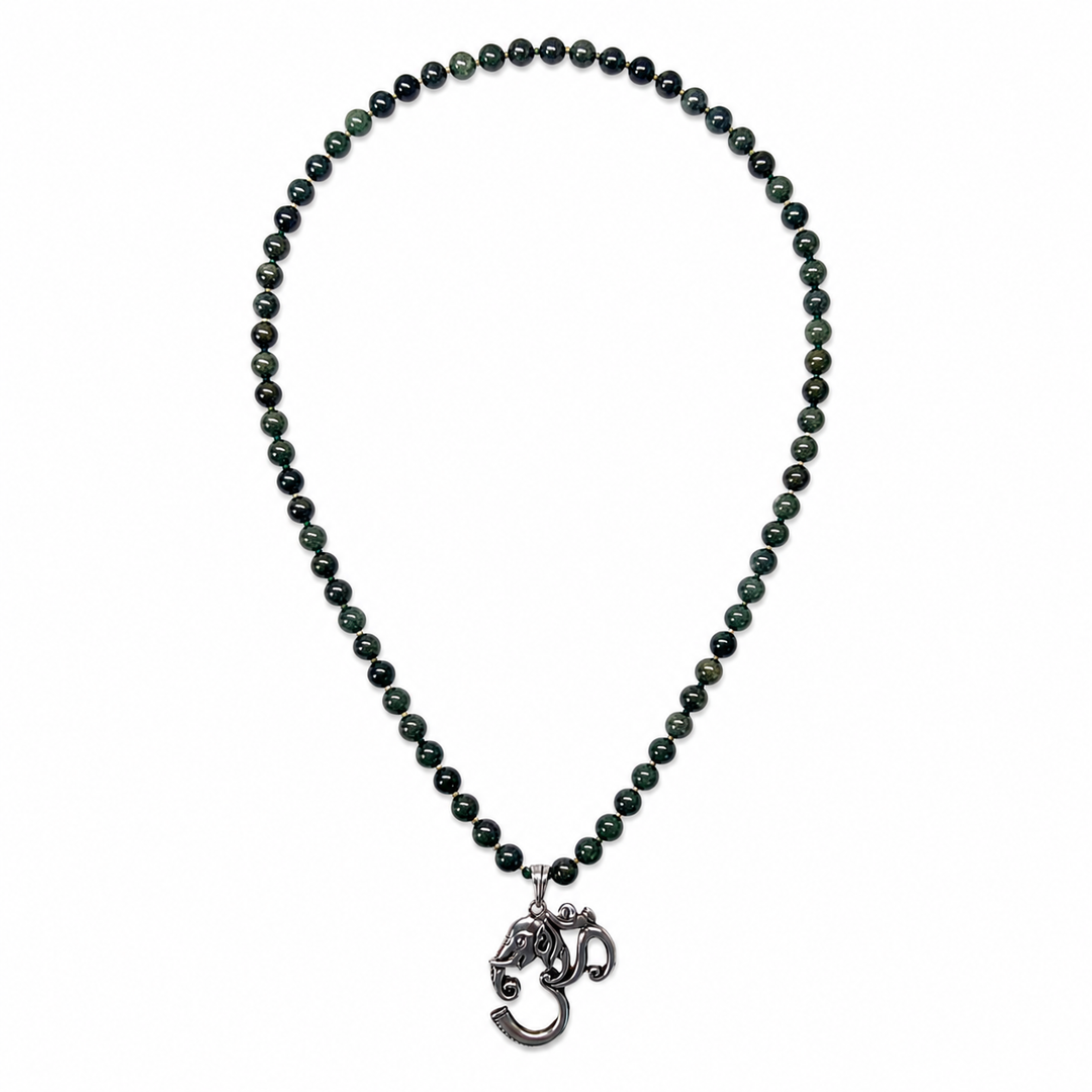 Halskette aus Kambaba-Jaspis mit Om ॐ-Ganesha-Anhänger in Silber