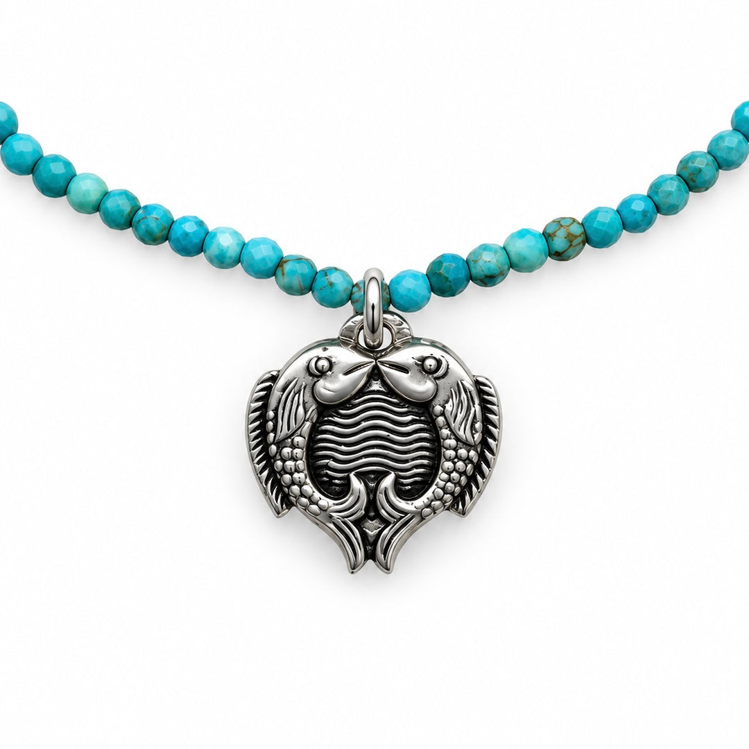 Tibet-Türkis-Kette mit Fischpaar-Anhänger in Silber