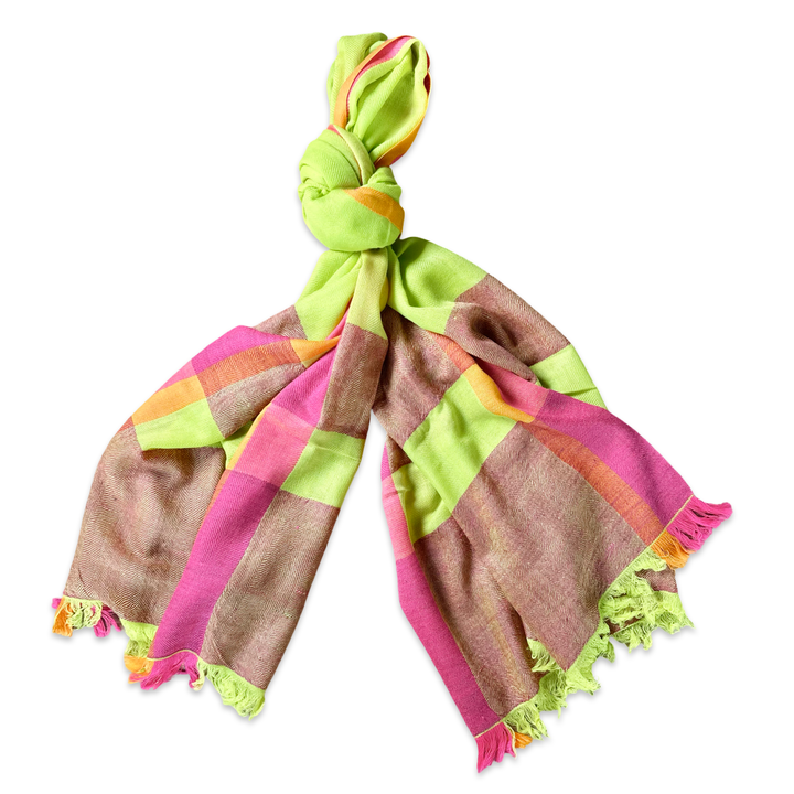 Himalaya Kaschmir Schal • 100% Pashmina • Grün, Pink, Orange, Braun