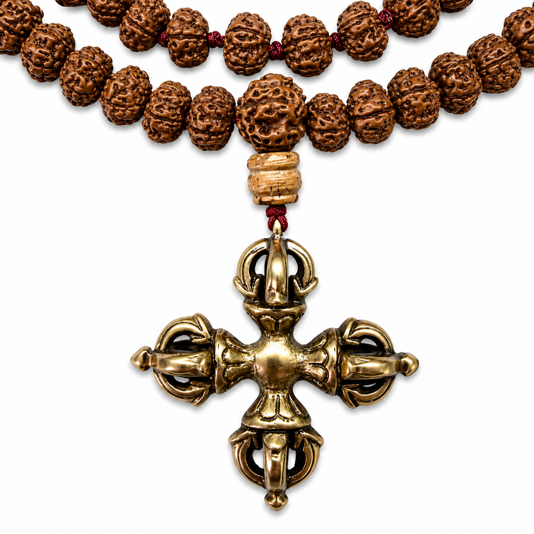 Mala mit 108 Rudraksha-Samen & Doppelvajra-Anhänger aus Messing