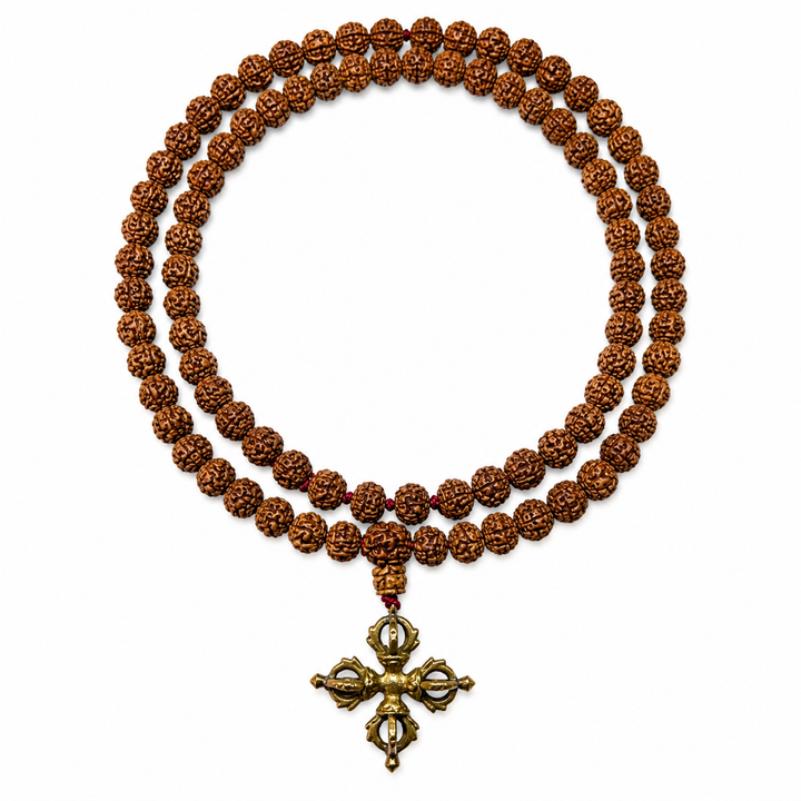 Mala mit 108 Rudraksha-Samen & Doppelvajra-Anhänger aus Messing