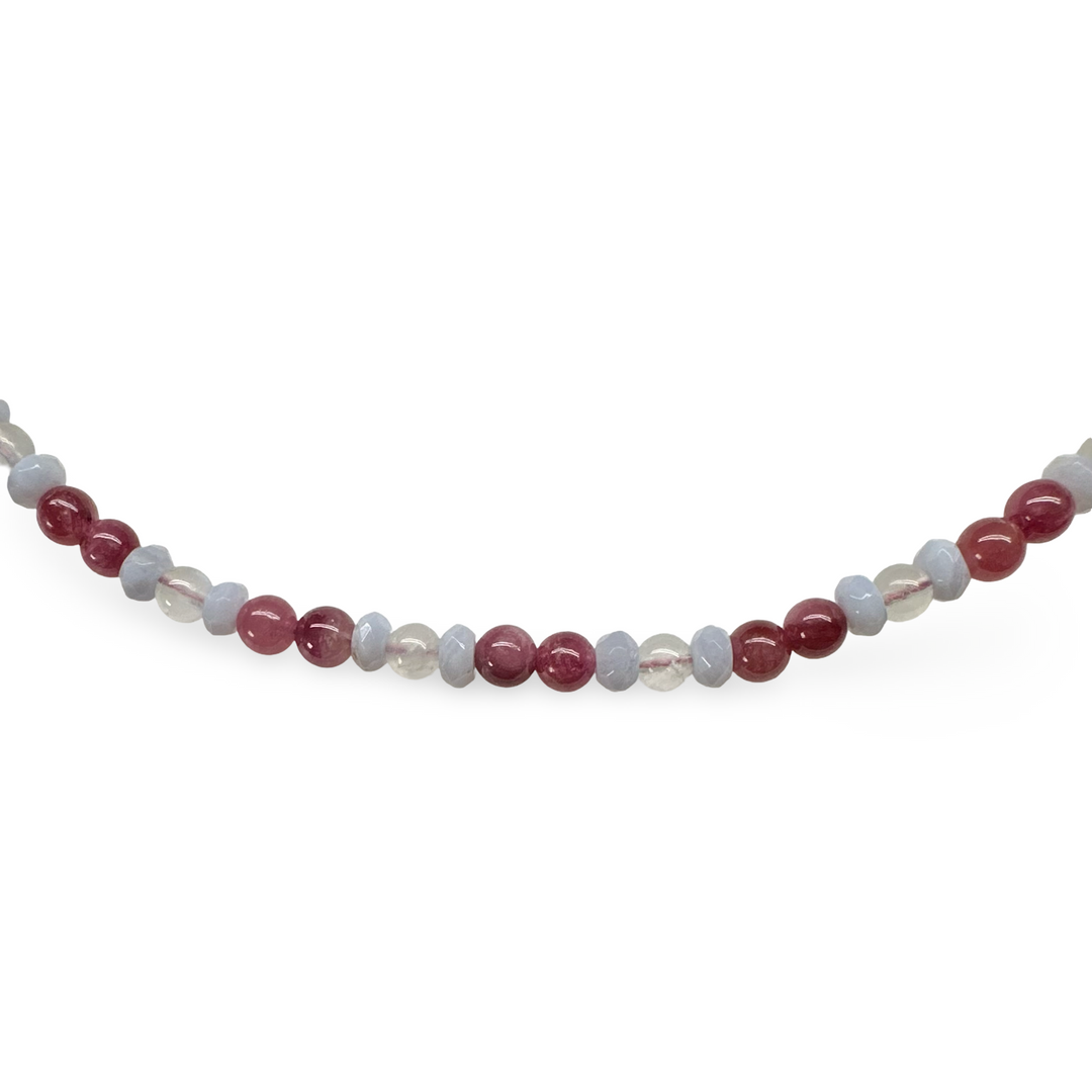 Halskette aus rosa Turmalin, Mondstein und Chalcedon