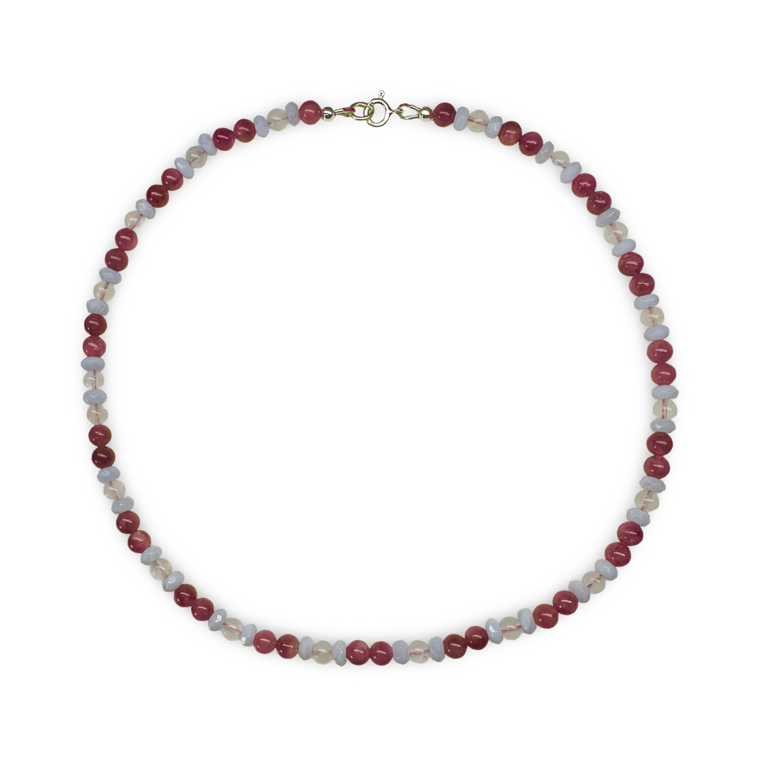 Halskette aus rosa Turmalin, Mondstein und Chalcedon