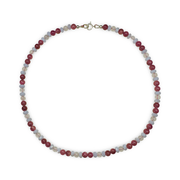Halskette aus rosa Turmalin, Mondstein und Chalcedon
