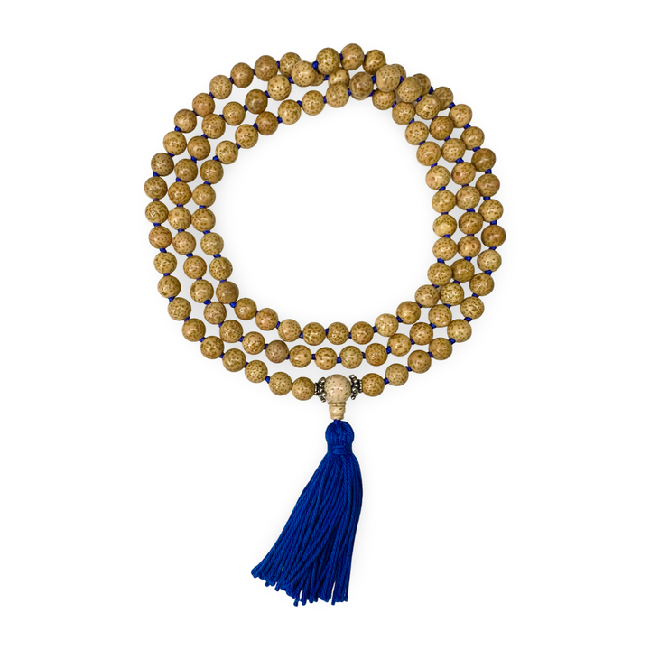 Handgeknüpfte Lotus-Samen-Mala mit blauer Quaste