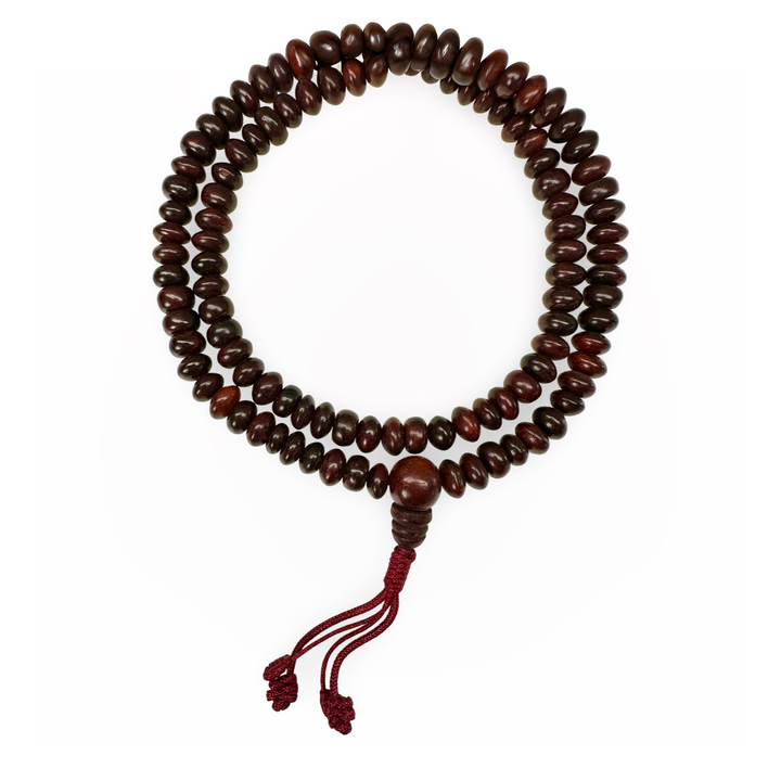 Mala en bois de santal rouge avec des perles en forme de lentille