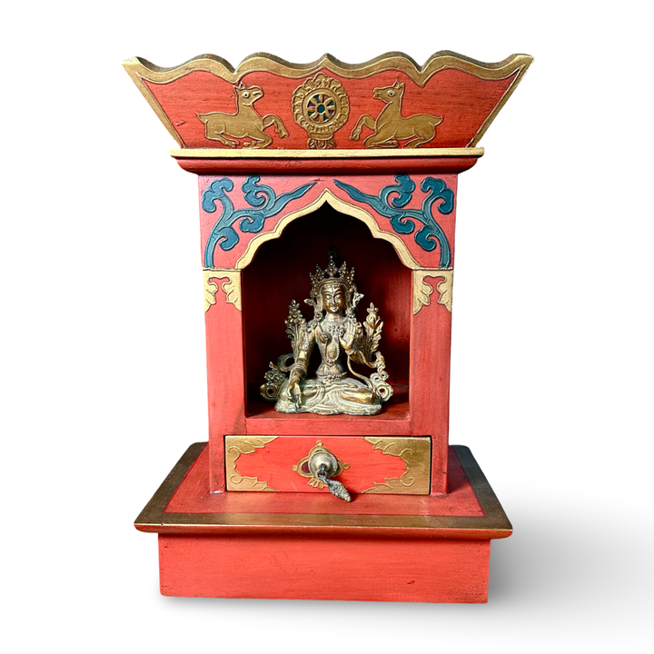 Tibetischer Schrein mit Dharmarad und Hirschen