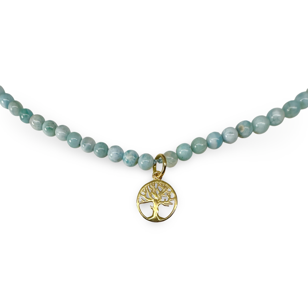 Collana in larimar con ciondolo a albero della vita dorato