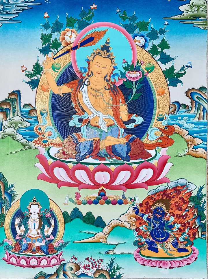 Thangka tradizionale «Manjushri», «Avalokiteshvara», «Vajrapani»