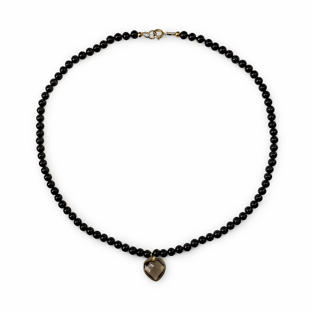 Onyx Halskette mit Rauchquarz-Herz-Anhänger