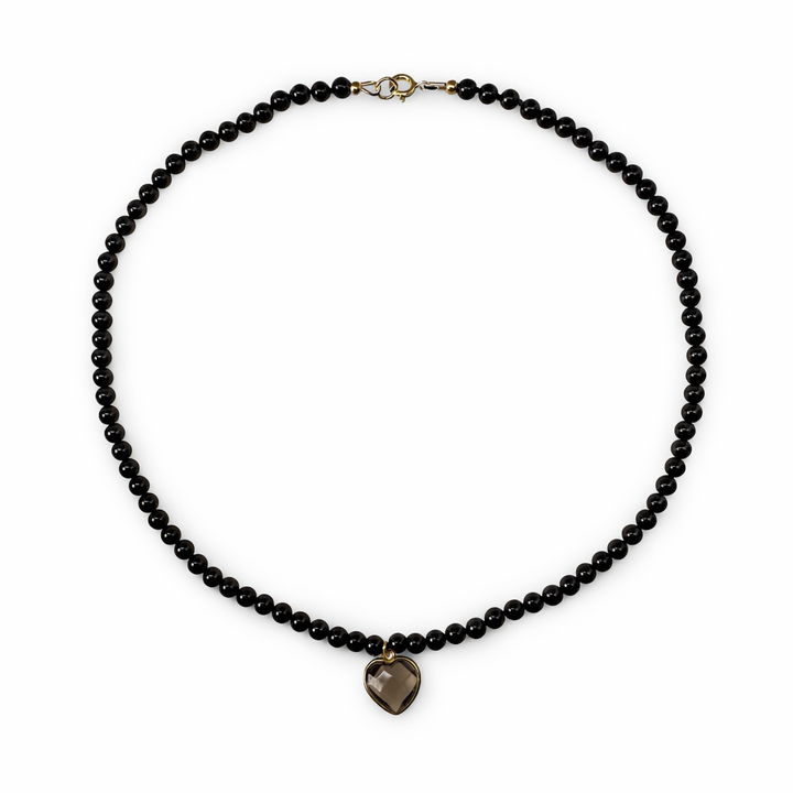 Onyx Halskette mit Rauchquarz-Herz-Anhänger