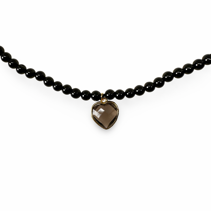 Onyx Halskette mit Rauchquarz-Herz-Anhänger