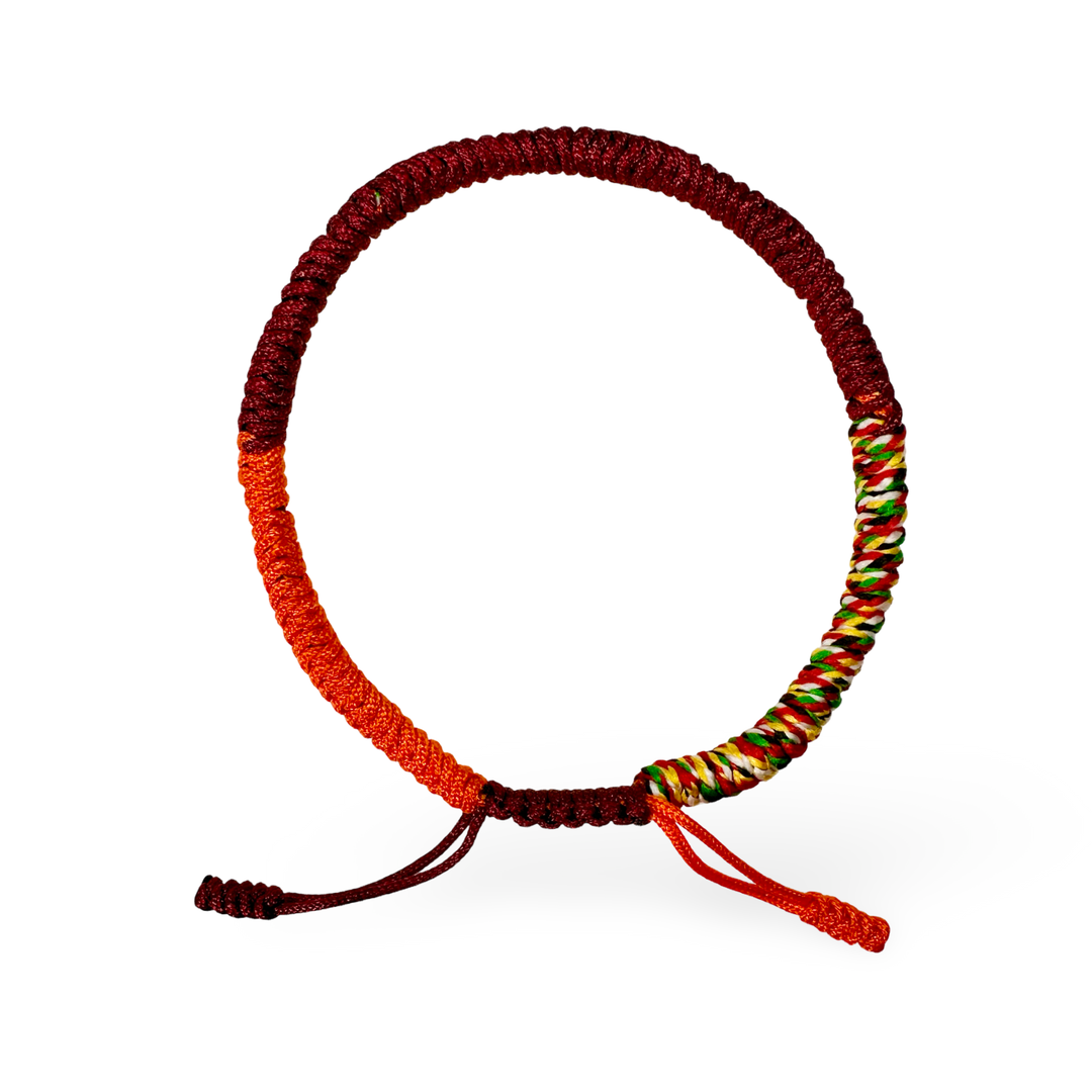 Bracelet porte-bonheur tibétain aux tons orange/violet et aux couleurs tibétaines