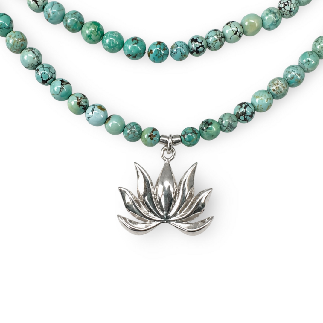 Tibetan turquoise necklace with silver lotus pendant