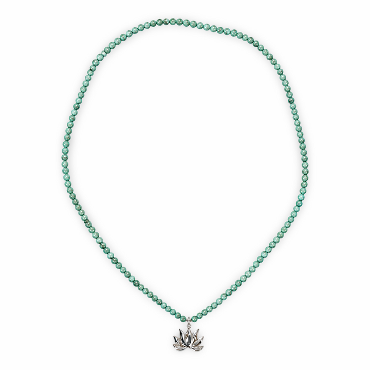 Tibetan turquoise necklace with silver lotus pendant
