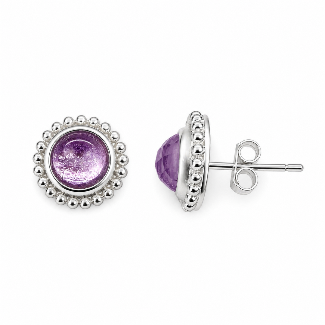 Stud earrings with amethyst in filigree silver setting
