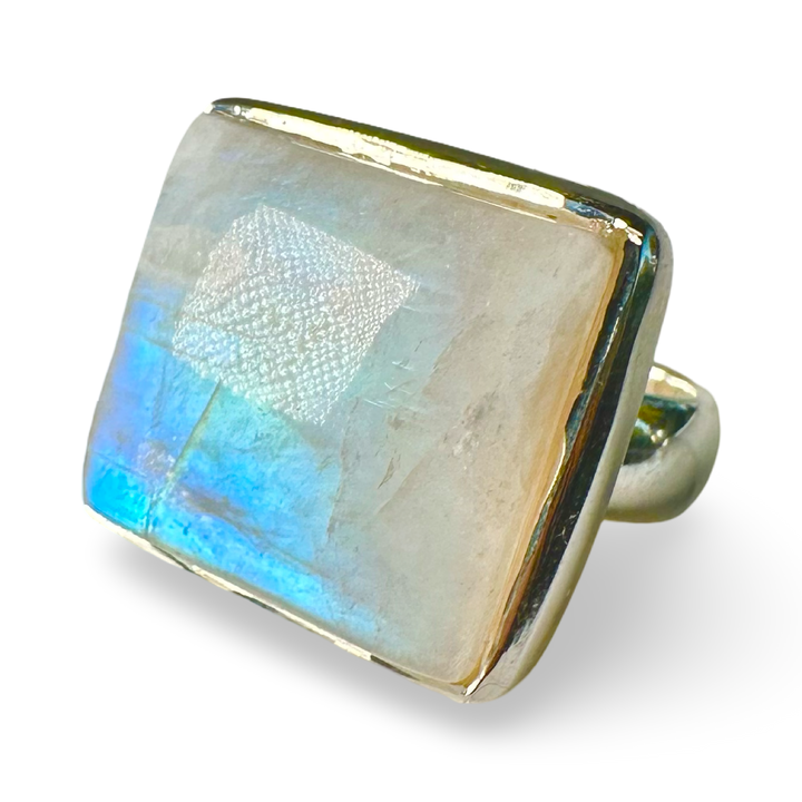Grosse Ringe mit Regenbogen-Mondstein und Silber