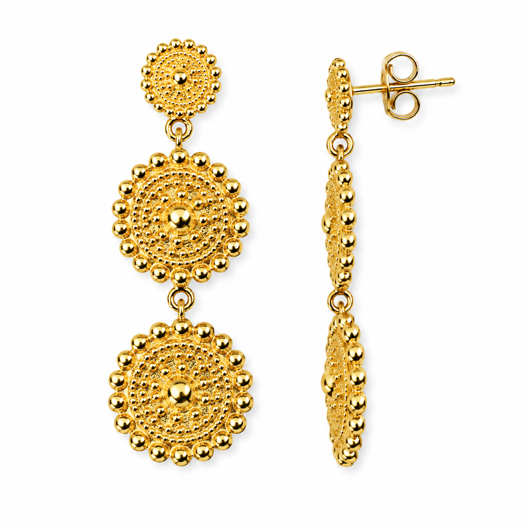 Boucles d'oreilles pendantes à trois disques ornementaux – Argent plaqué or