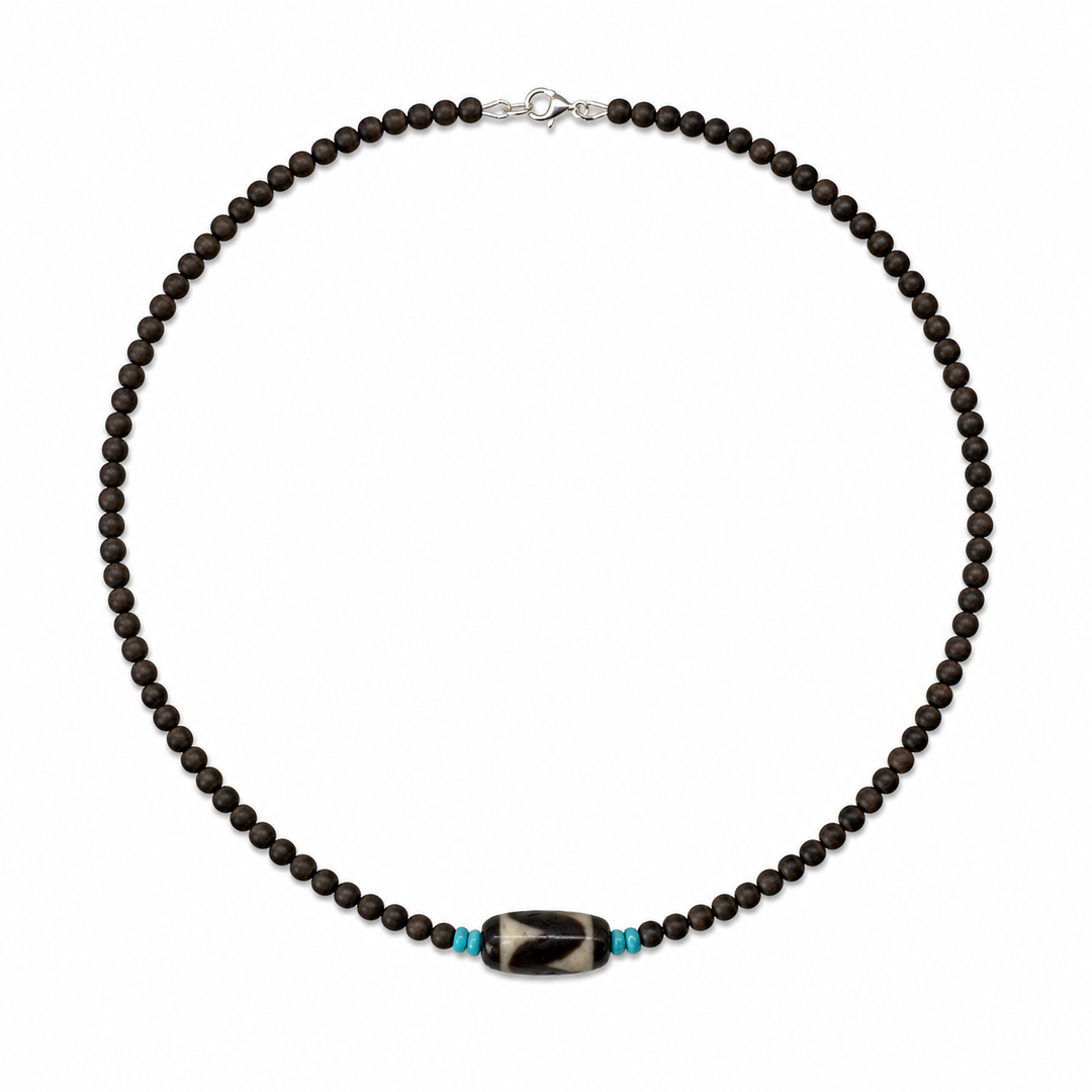 Kette – Ebenholz mit Tibet-Türkis und Dzi-Perle