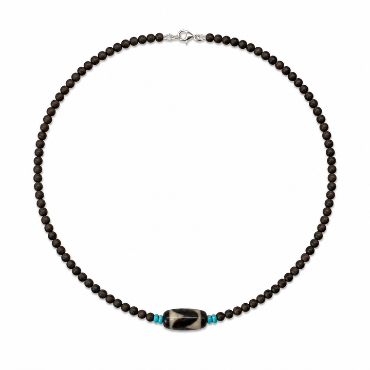 Kette – Ebenholz mit Tibet-Türkis und Dzi-Perle