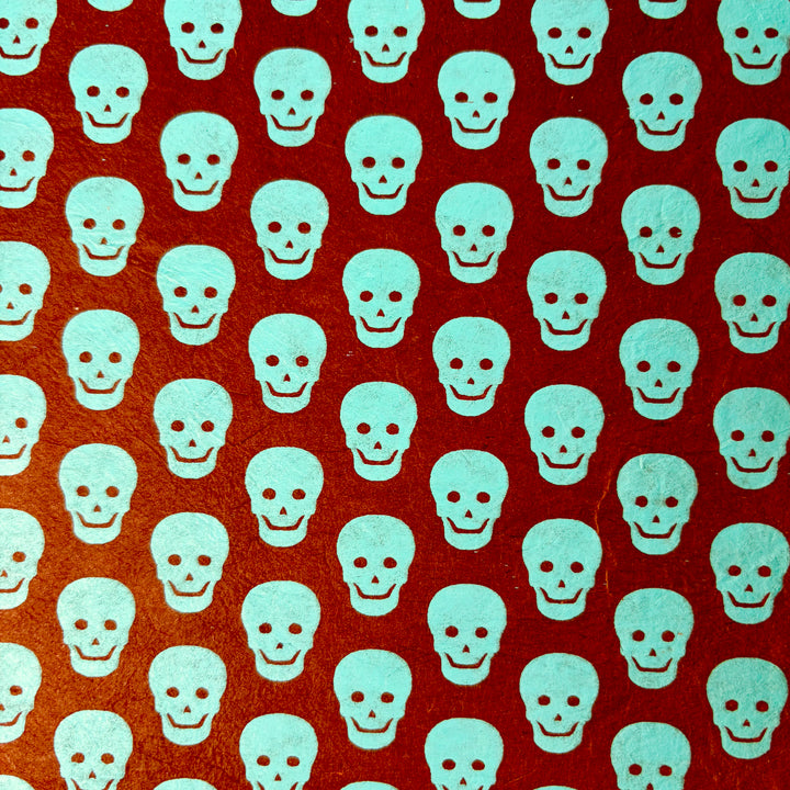 Carnet en papier lokta - motif tête de mort, imprimé à la main