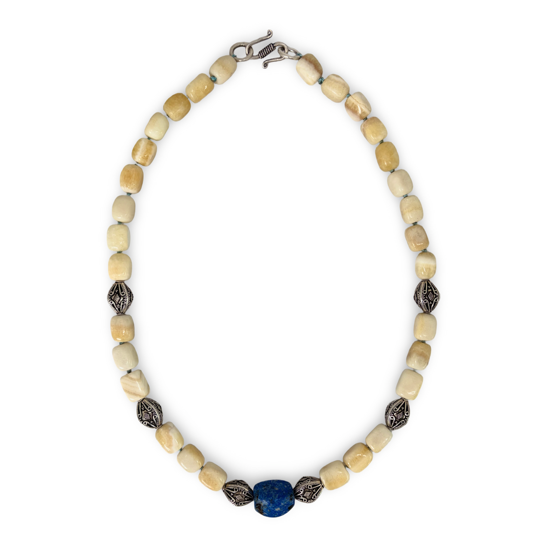 Aragonite Necklace with Lapis Lazuli and Silver - One-of-a-Kind Piece