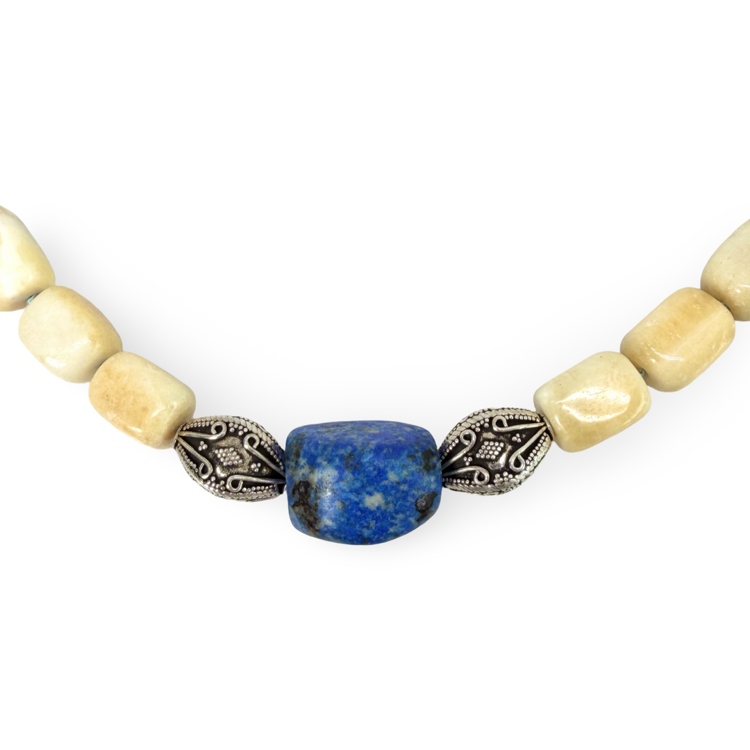 Aragonite Necklace with Lapis Lazuli and Silver - One-of-a-Kind Piece