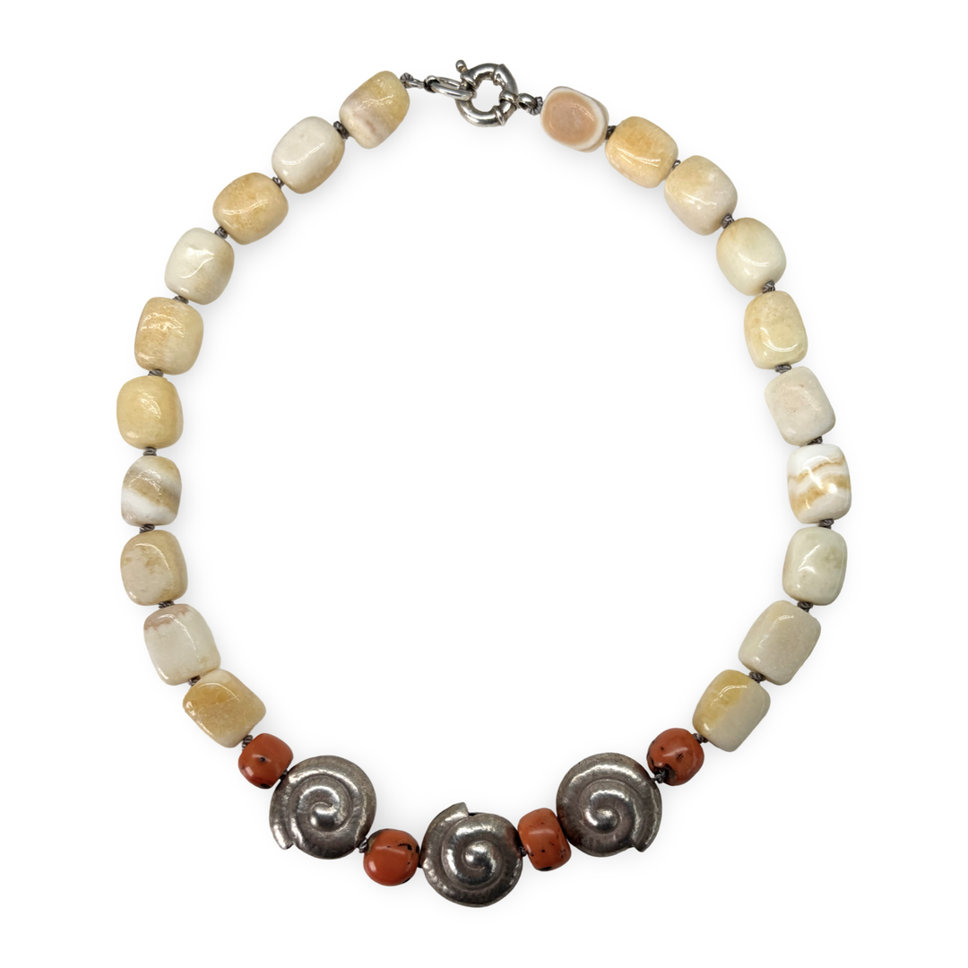 Aragonite necklace with silver spirals and antique coral - One-of-a-kind piece