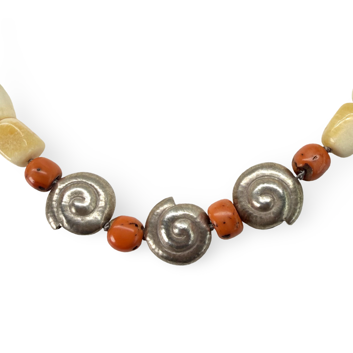 Aragonite necklace with silver spirals and antique coral - One-of-a-kind piece