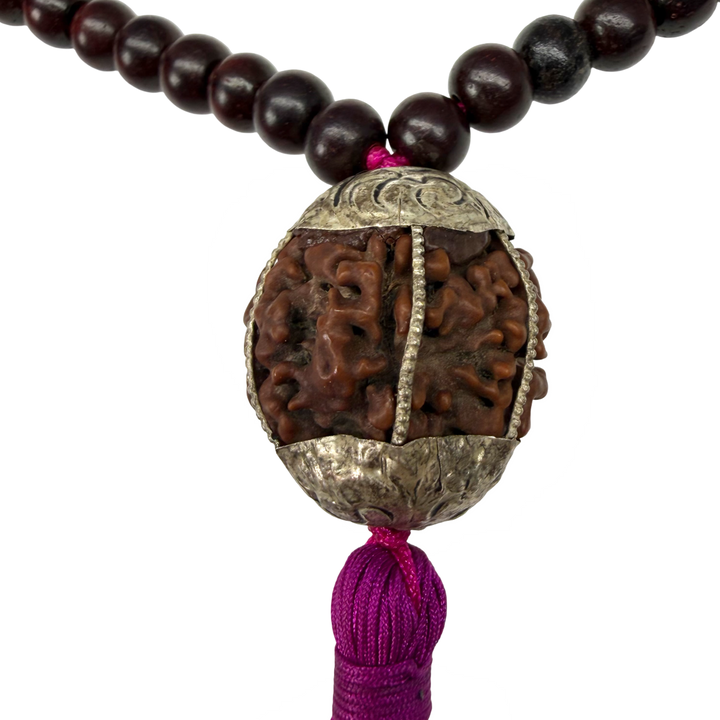 Zierliche Mala aus Rosenholz mit Rudraksha und Türkis