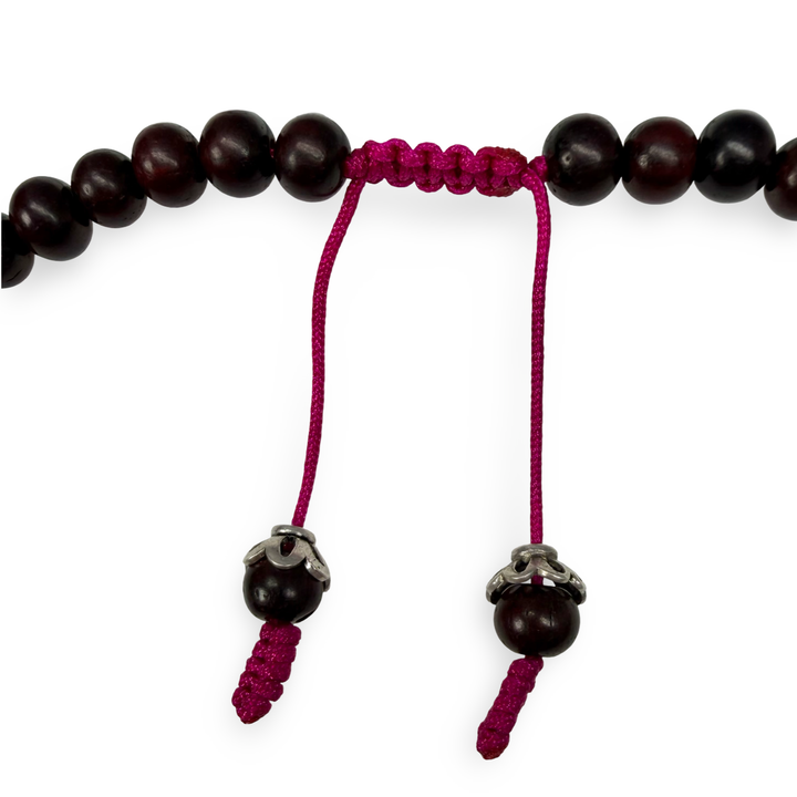 Zierliche Mala aus Rosenholz mit Rudraksha und Türkis