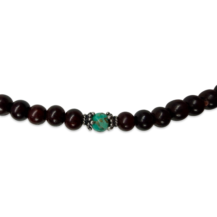 Zierliche Mala aus Rosenholz mit Rudraksha und Türkis