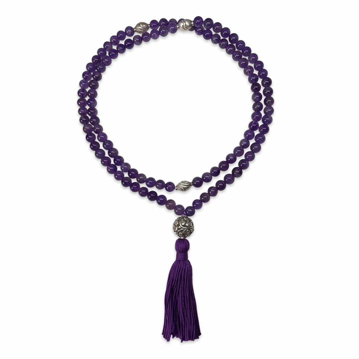Amethyst-Mala mit handgeschmiedeter Silberperle