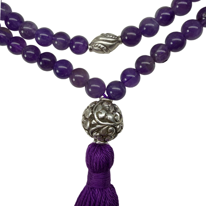 Amethyst-Mala mit handgeschmiedeter Silberperle