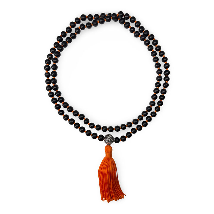 Rosenholz-Mala mit Silber-Guruperle und oranger Quaste