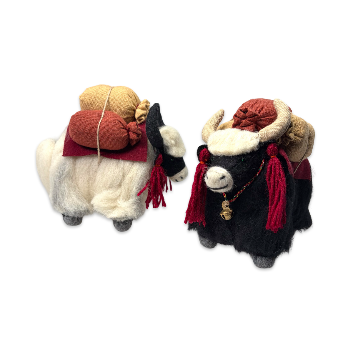 Yak aus Wolle und Filz, beladen, in Weiss und Schwarz