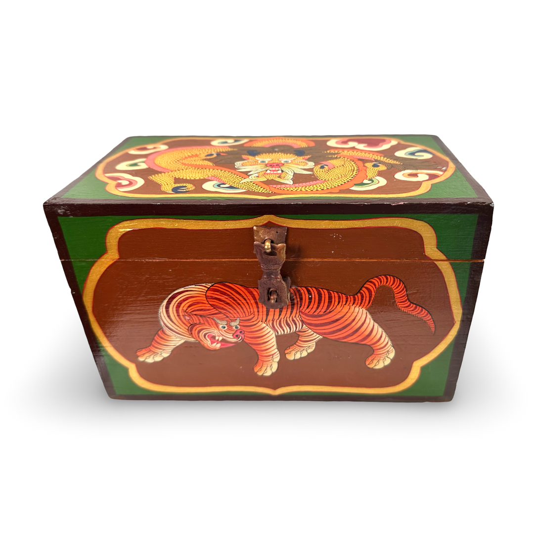 Grosse Tibetische Schneelöwen-Tiger-Holzschatulle