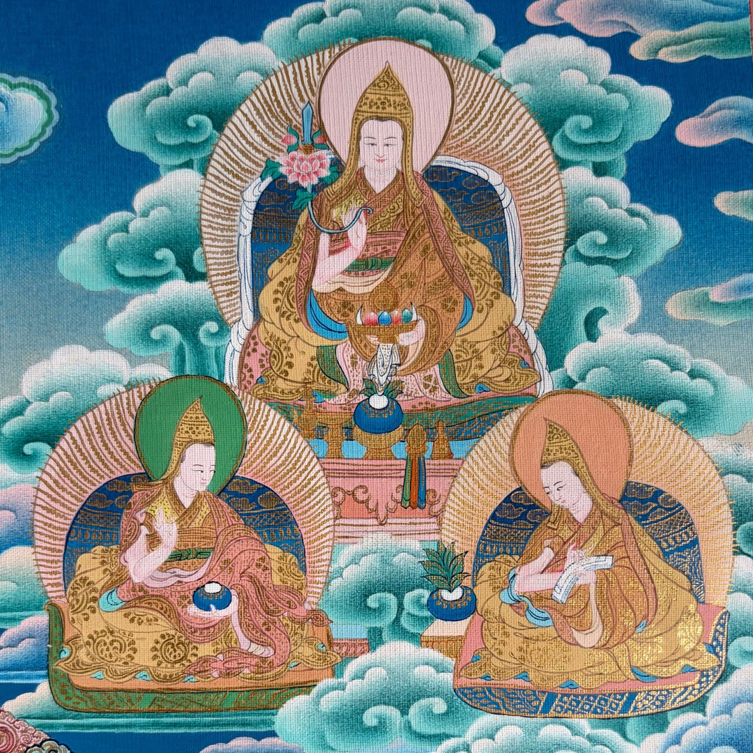 Ältere Thangka - Shakyamuni-Mandala mit Langlebensgottheiten und Gelug-Meistern - Atelier Tibet