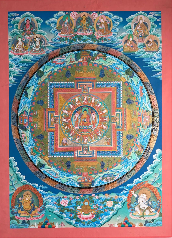 Ältere Thangka - Shakyamuni-Mandala mit Langlebensgottheiten und Gelug-Meistern - Atelier Tibet
