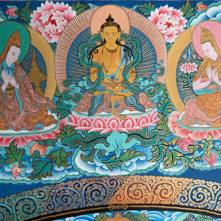Ältere Thangka - Shakyamuni-Mandala mit Langlebensgottheiten und Gelug-Meistern - Atelier Tibet