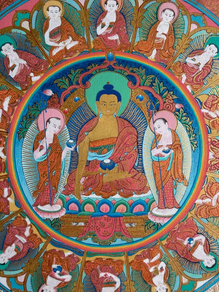 Ältere Thangka - Shakyamuni-Mandala mit Langlebensgottheiten und Gelug-Meistern - Atelier Tibet