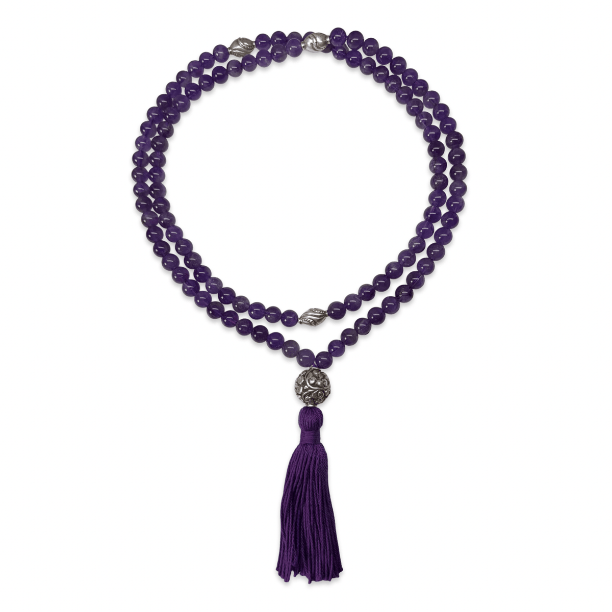 Amethyst-Mala mit handgeschmiedeter Silberperle - Atelier Tibet