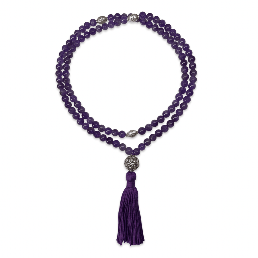 Amethyst-Mala mit handgeschmiedeter Silberperle - Atelier Tibet