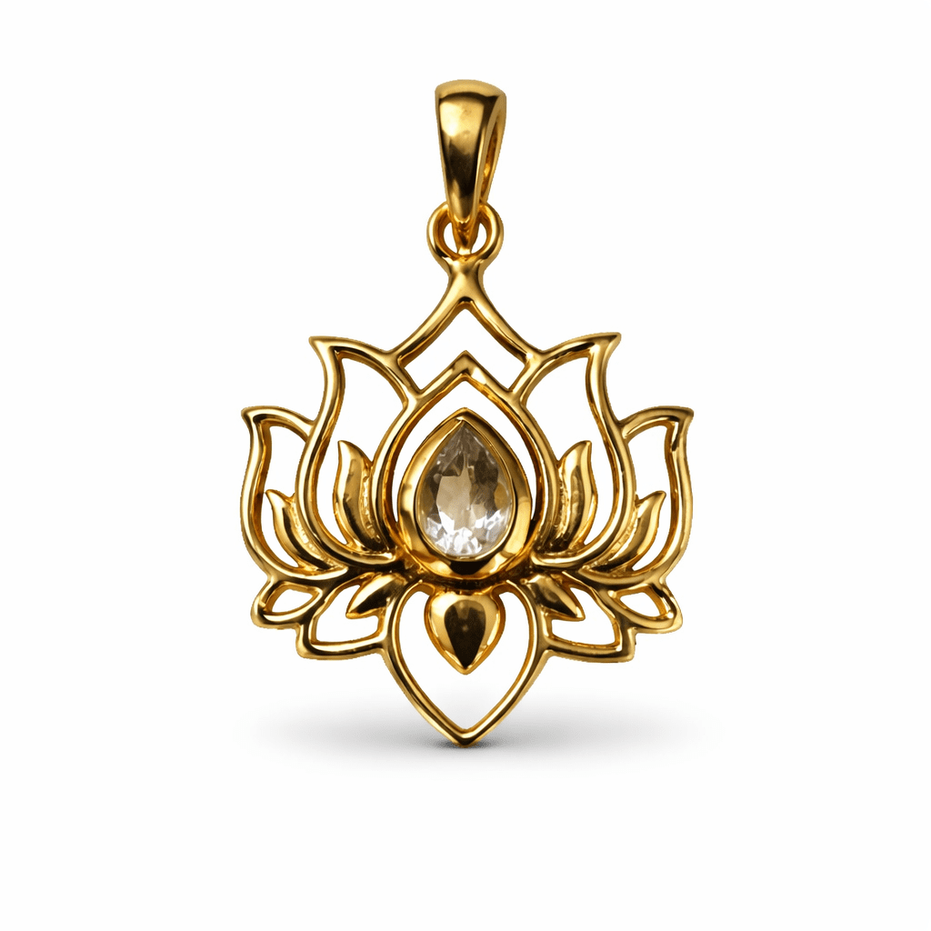 Anhänger in Lotus - Form aus vergoldetem Silber mit Bergkristall - Atelier Tibet