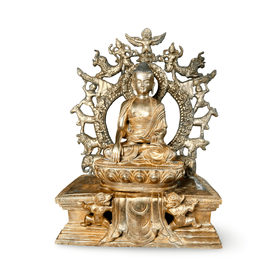 Antike vergoldete Shakyamuni Buddha Statue mit aufwändiger Aureole - Atelier Tibet