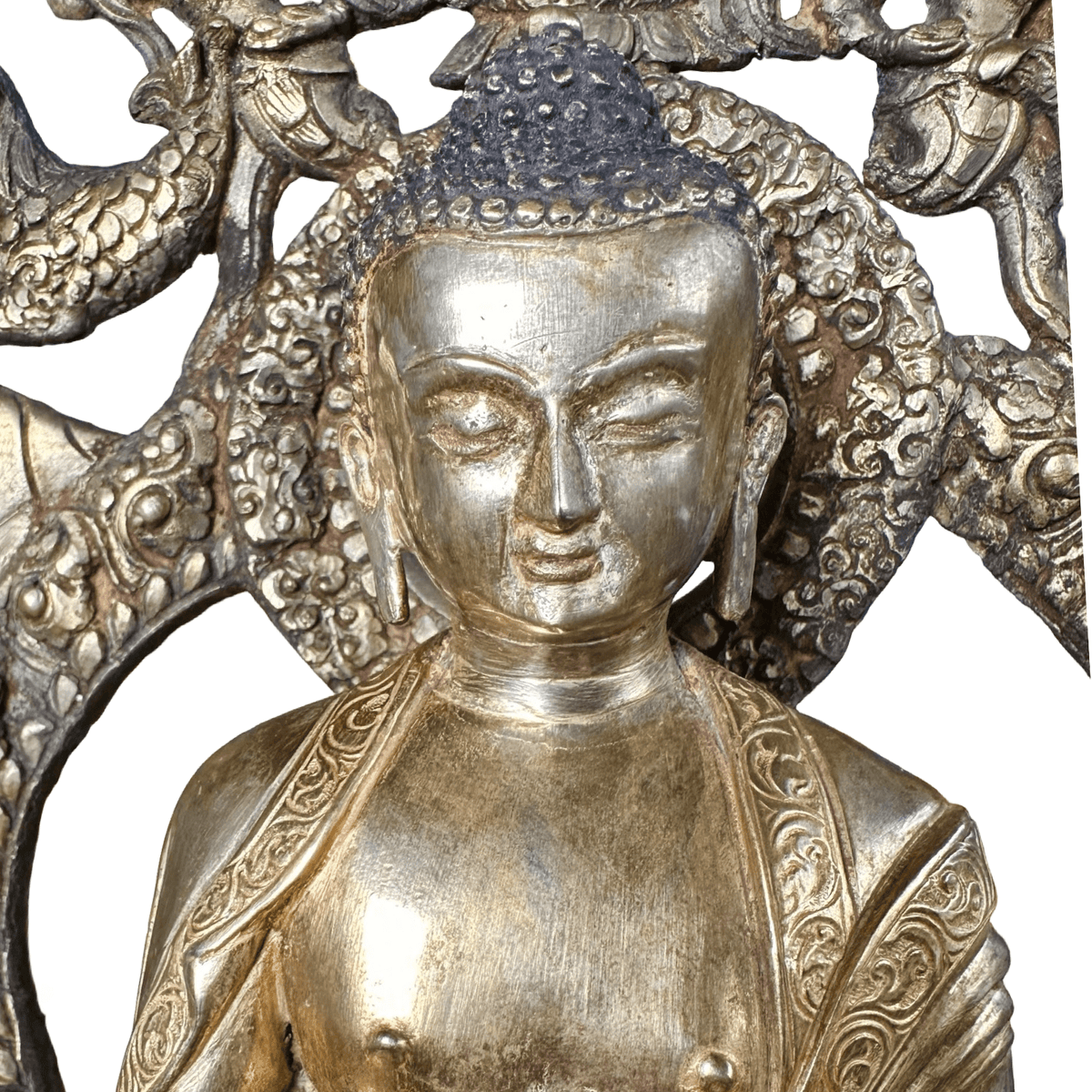 Antike vergoldete Shakyamuni Buddha Statue mit aufwändiger Aureole - Atelier Tibet