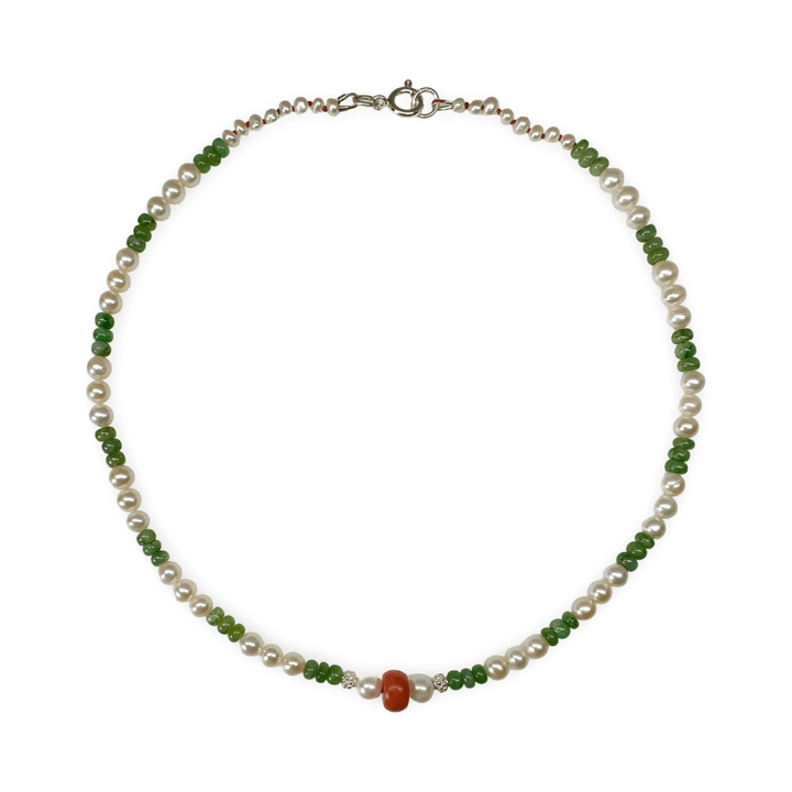Aventurin - , Silber und Süsswasserperlen - Kette mit alter Koralle - Atelier Tibet