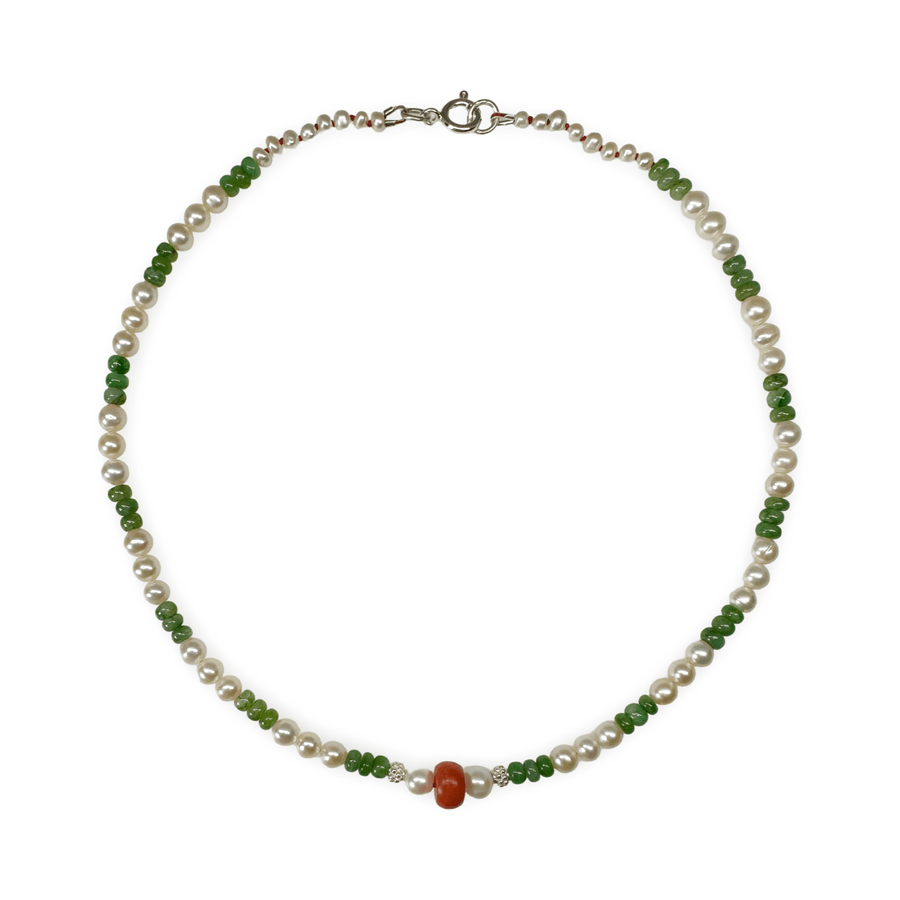Aventurin - , Silber und Süsswasserperlen - Kette mit alter Koralle - Atelier Tibet