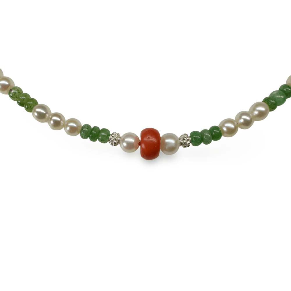 Aventurin - , Silber und Süsswasserperlen - Kette mit alter Koralle - Atelier Tibet