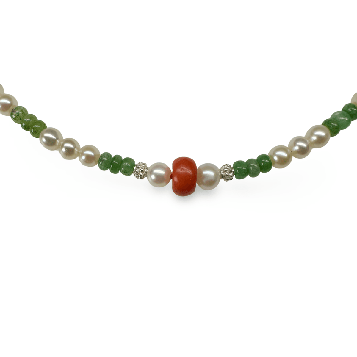 Aventurin - , Silber und Süsswasserperlen - Kette mit alter Koralle - Atelier Tibet